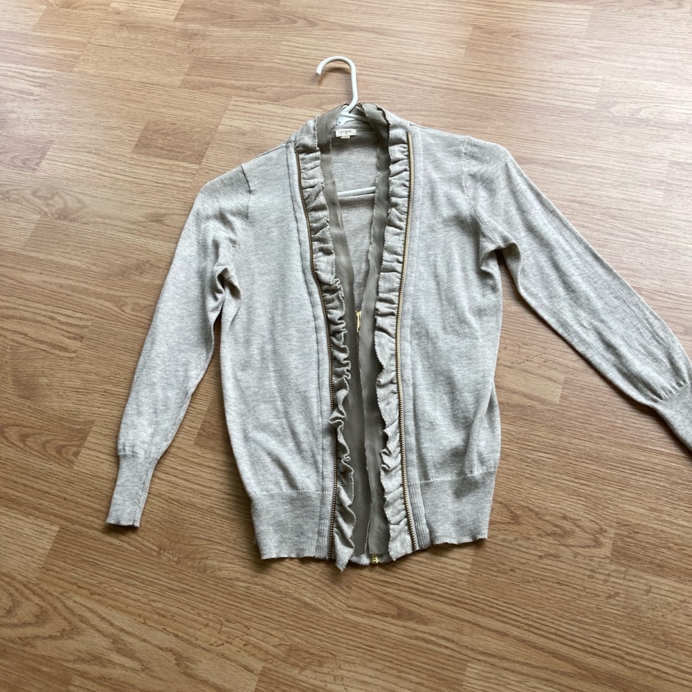 J Crew Factory Gray Ruffle Scalloped Cardigan